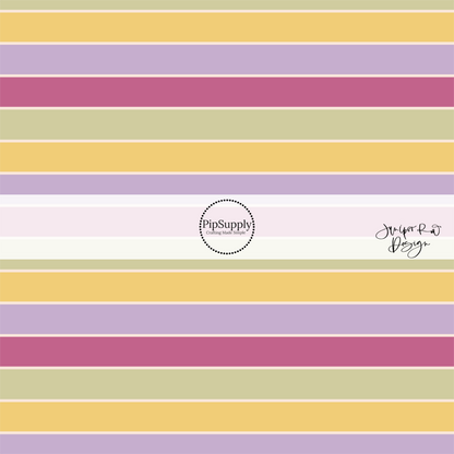 Purple, yellow, green, and mauve stripes with thin cream lines in between bow strips