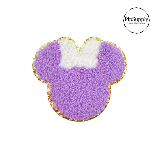 Purple mouse head and white bow chenille iron on patch