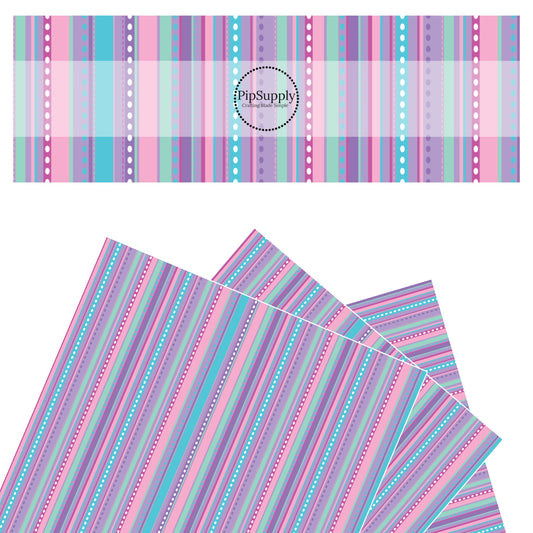 Blue, pink, green, purple stripes with white polka dots faux leather sheets