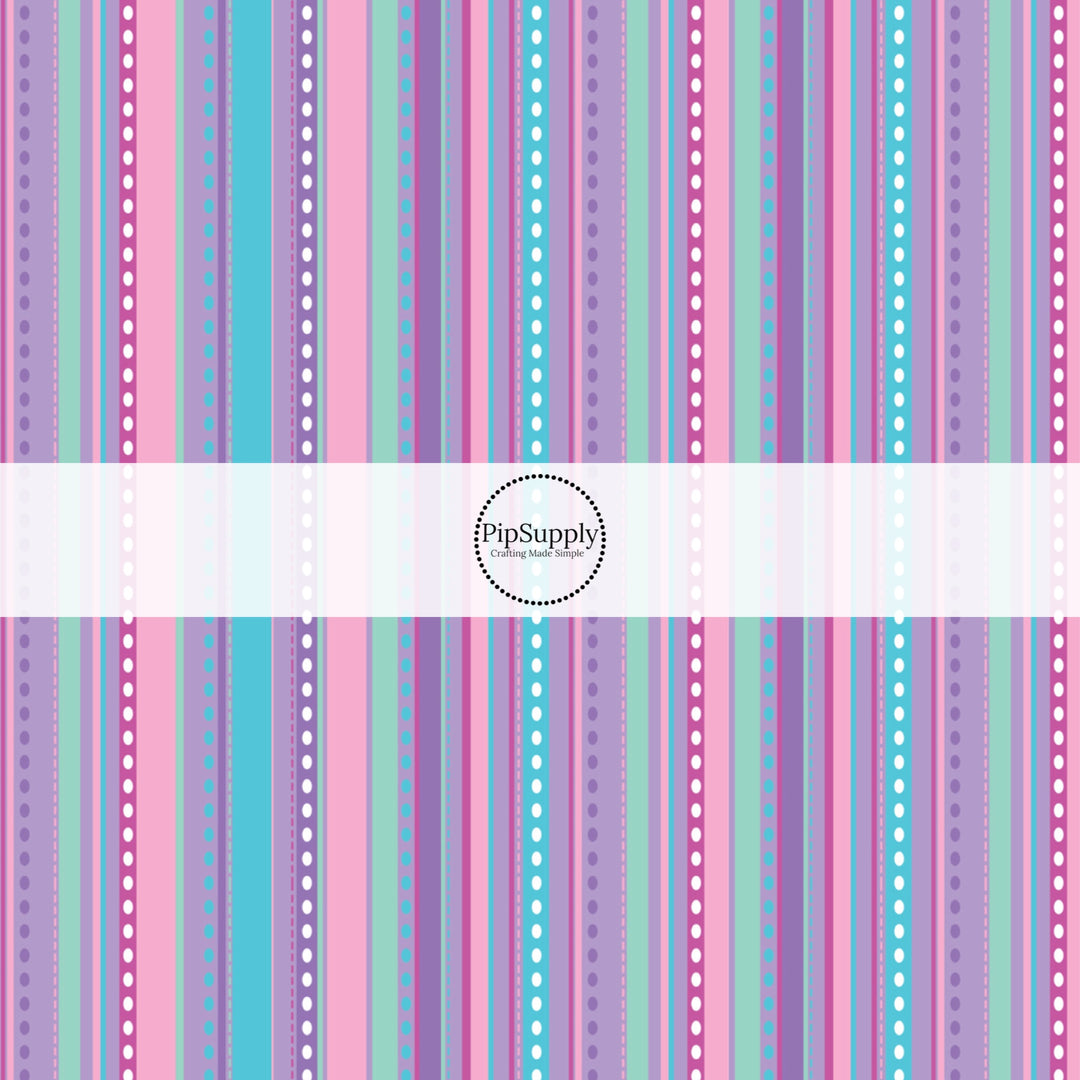 Purple, pink, green, and blue stripes with white polka dots bow strips