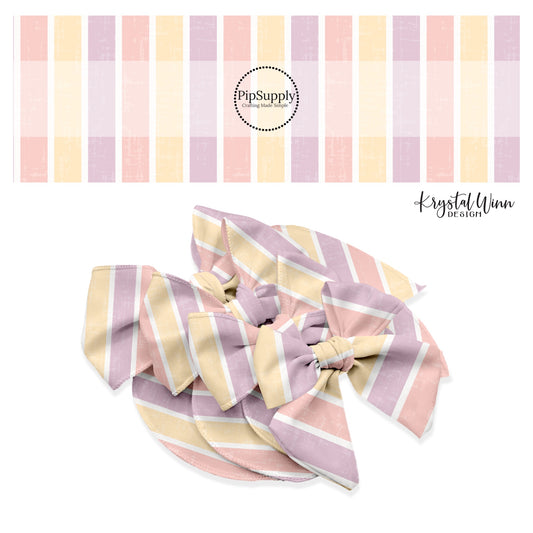 Alternating butter yellow, pink, and purple distressed stripe bow strips