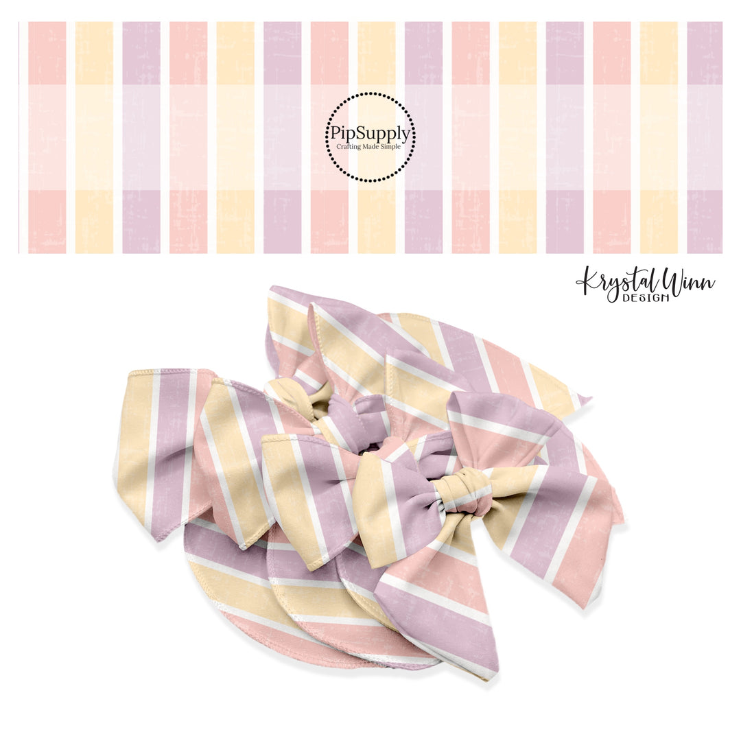 Alternating butter yellow, pink, and purple distressed stripe bow strips