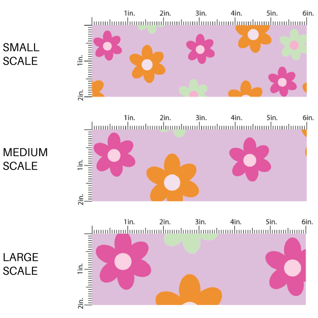 Fuchsia fabric by the yard scaled image guide with bright floral design - Lavender Fabric with Pink , Orange and Mint Flowers 