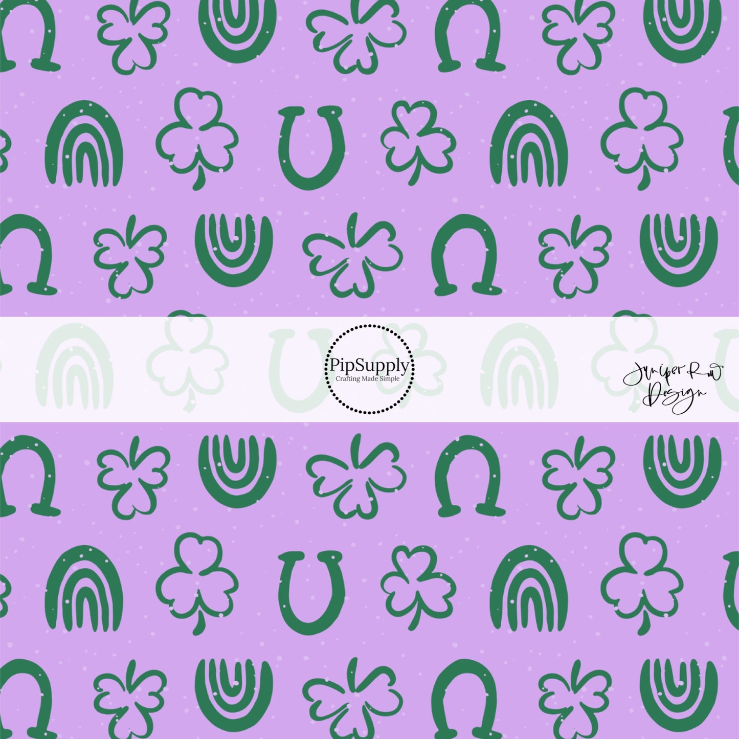 Teal clovers, rainbows, and horseshoes purple fabric by the yard
