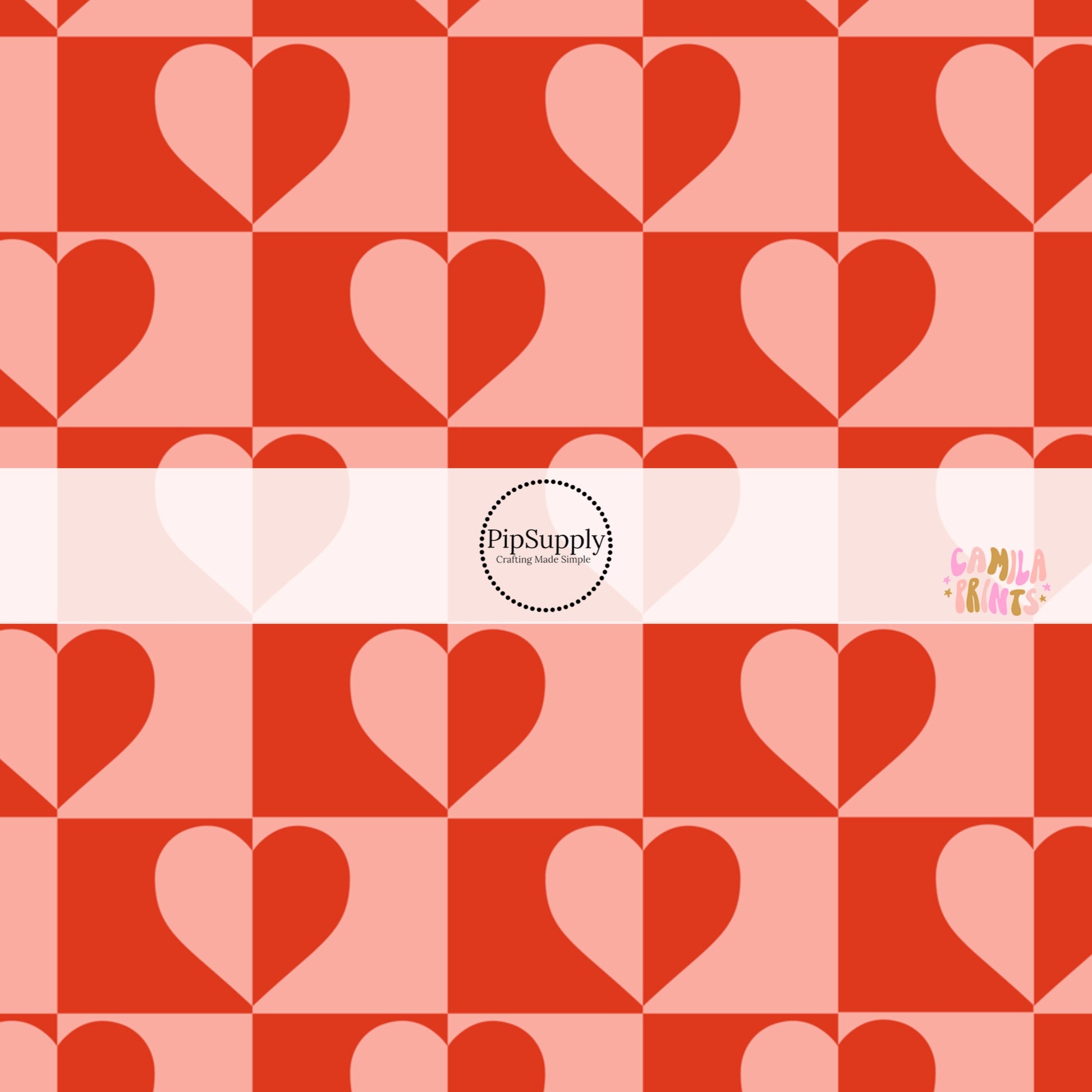 Pink and red heart halves on checkered bow strips