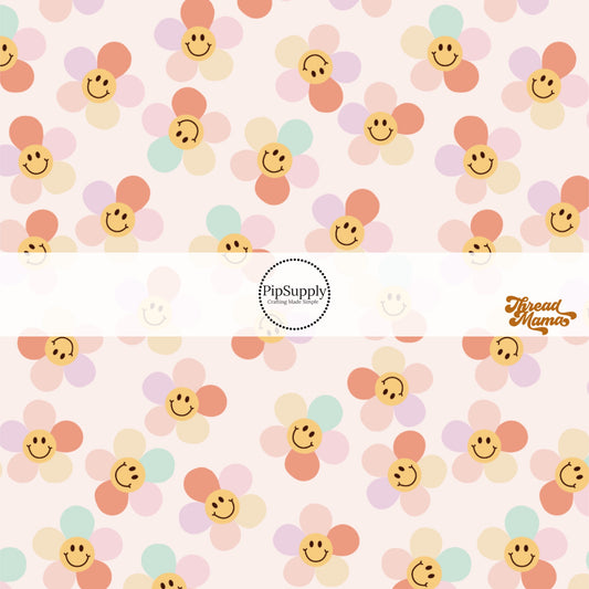 Rainbow Daisies and yellow smiley face print on light pink fabric by the yard - Spring Fabric 