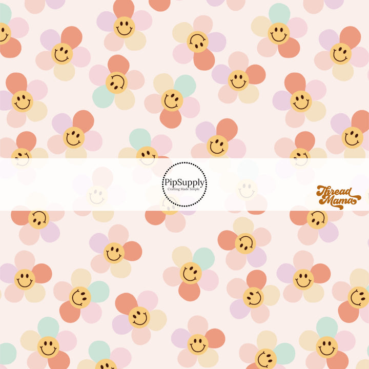 Rainbow Daisies and yellow smiley face print on light pink fabric by the yard - Spring Fabric 