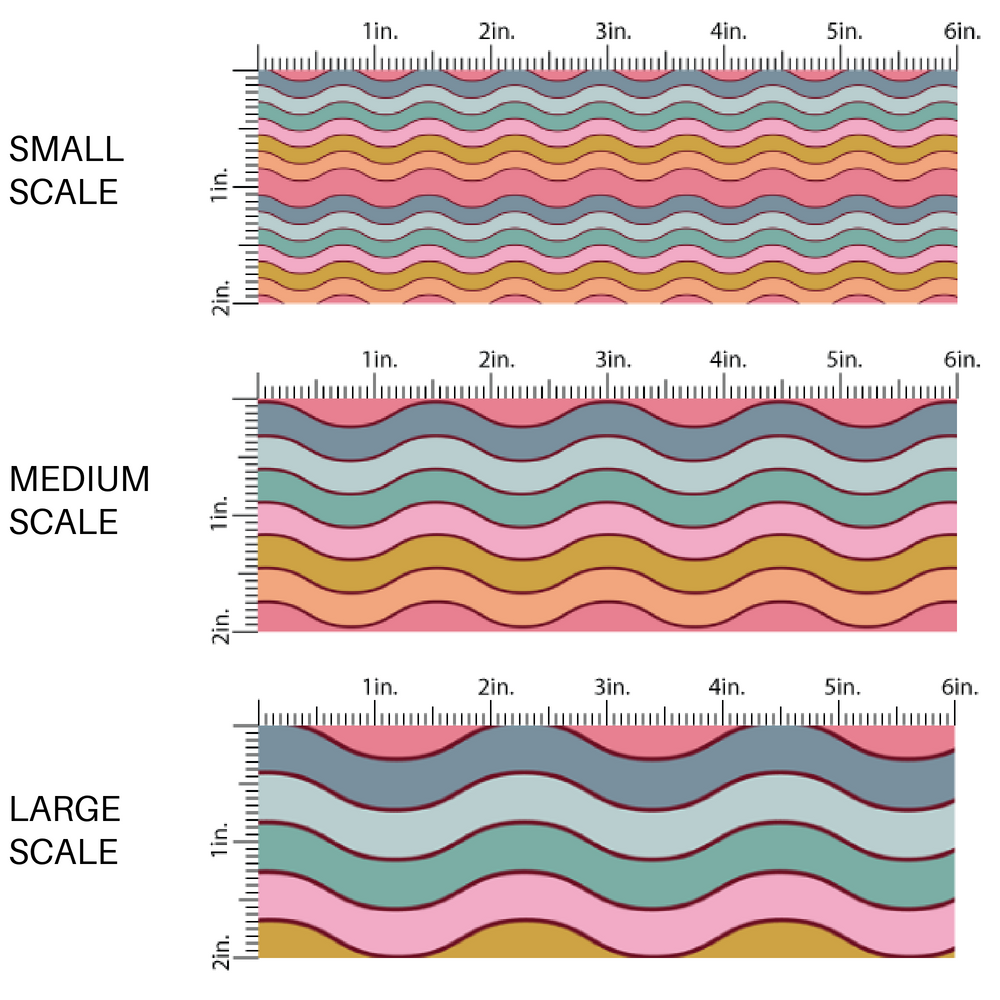 Rainbow colored wavy stripes fabric by the yard scaled image guide.