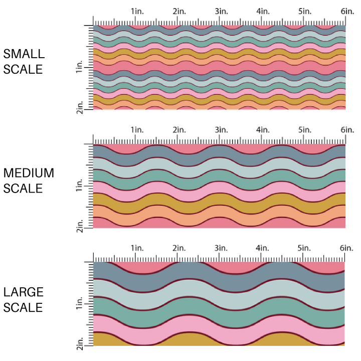 Rainbow colored wavy stripes fabric by the yard scaled image guide.