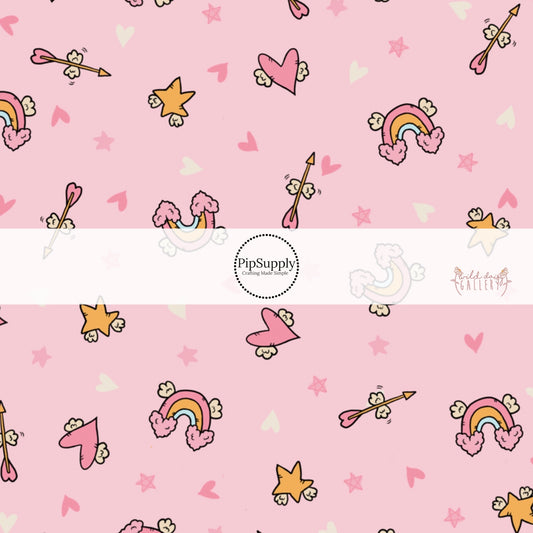Pink Pattern with stars, rainbows, and hearts fabric by the yard 