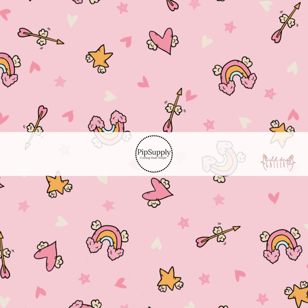 Pink Pattern with stars, rainbows, and hearts fabric by the yard 