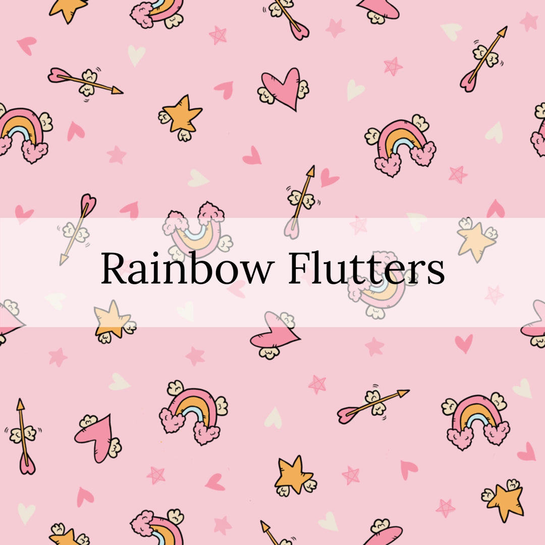 Pink Pattern with stars, rainbows, and hearts with the words "Rainbow Flutters" Fabric Pattern 