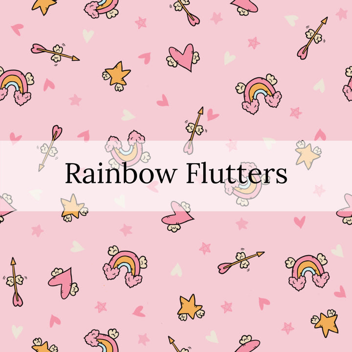 Pink Pattern with stars, rainbows, and hearts with the words "Rainbow Flutters" Fabric Pattern 