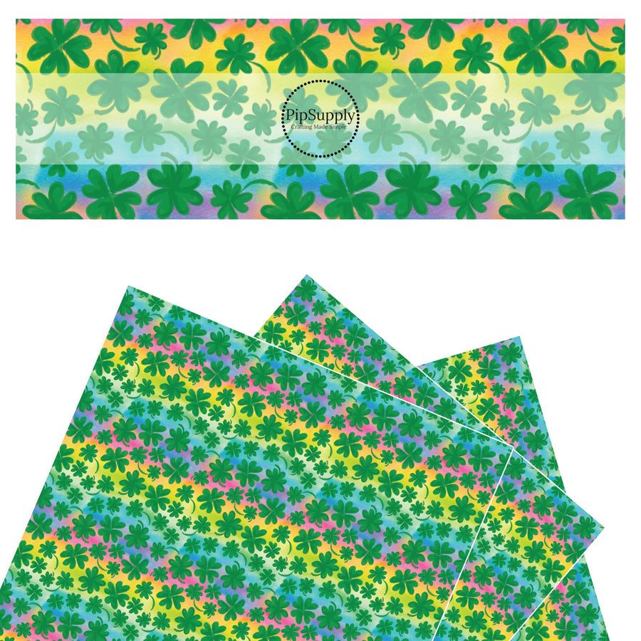 Bright tie dye rainbow background with drawn emerald shamrocks faux leather sheet