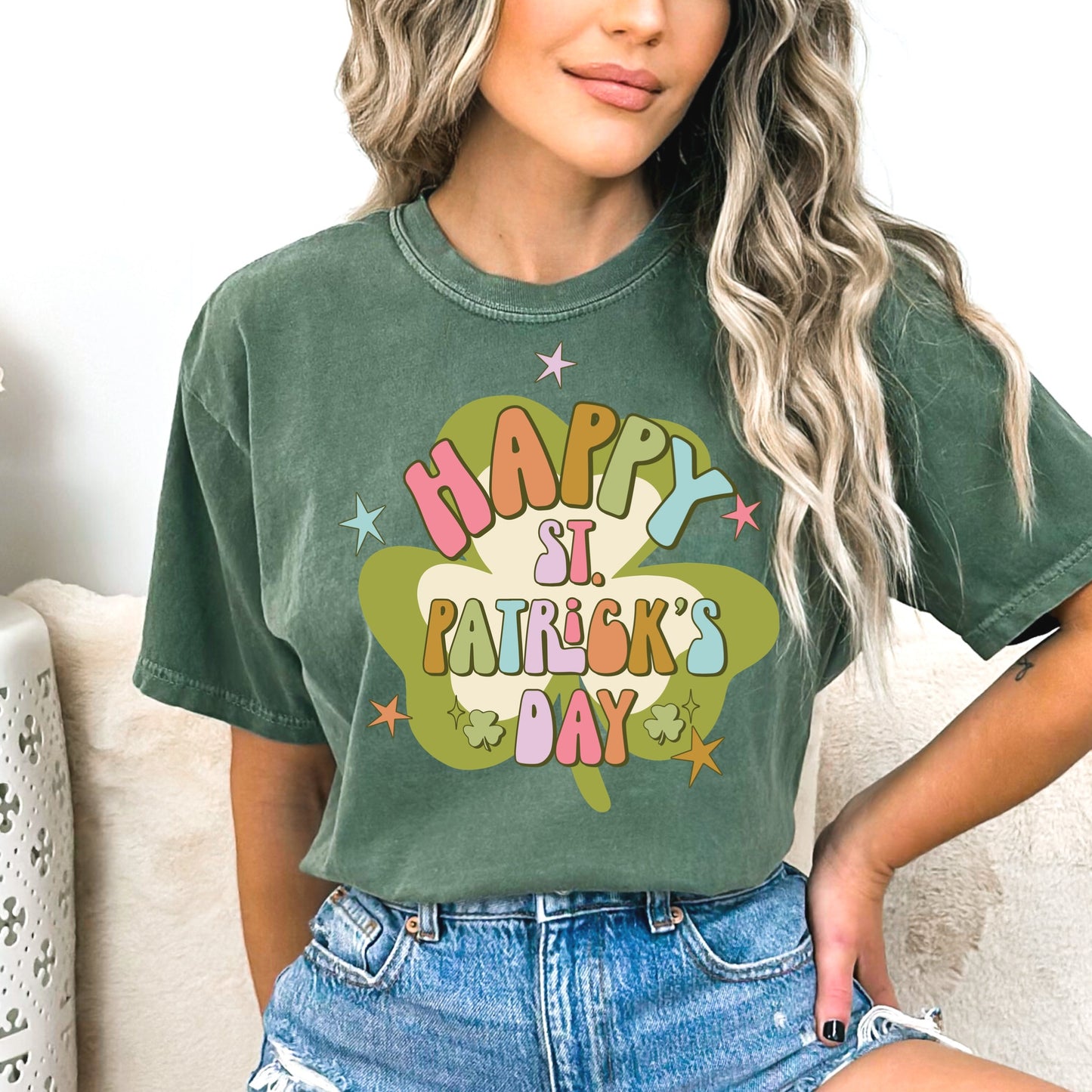 Green Clover that says "Happy St. Patrick's Day" in a rainbow font - Iron on heat transfer - sublimation heat transfer 