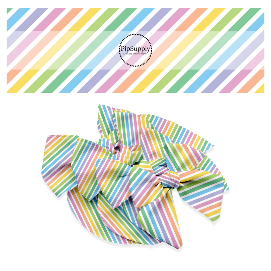 Red, orange, yellow, green, blue, and purple diagonal rainbow stripes bow strips