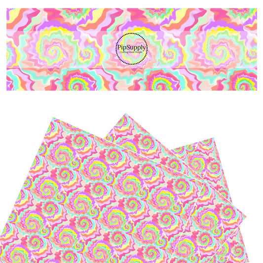 Rainbow Swirl pink, green and yellow faux leather sheet.