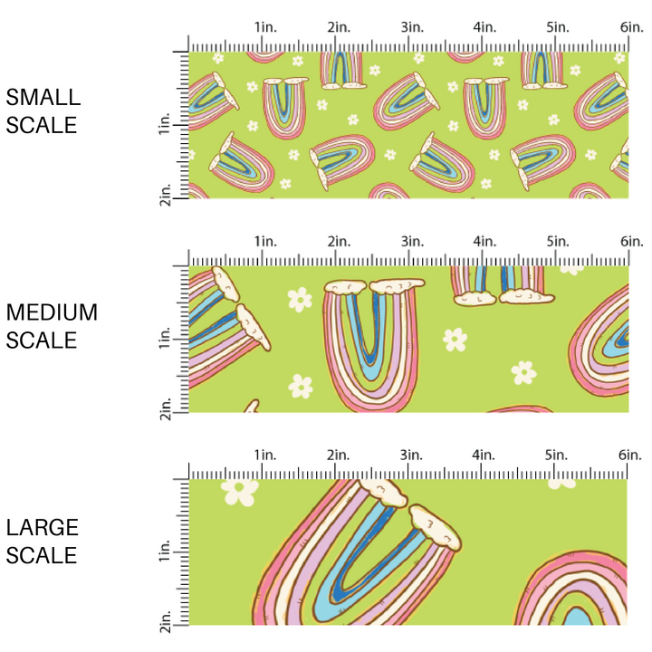 Light green fabric by the yard scaled image guide with white flowers and colorful rainbows