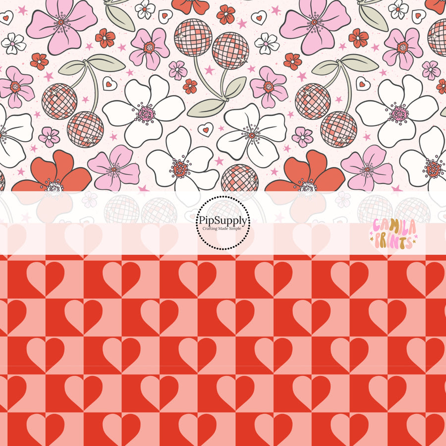 Valentine's Day Fabric by the Yard - Red and Pink Patterned Fabric - Cherry Disco Ball and Floral Pink Fabric