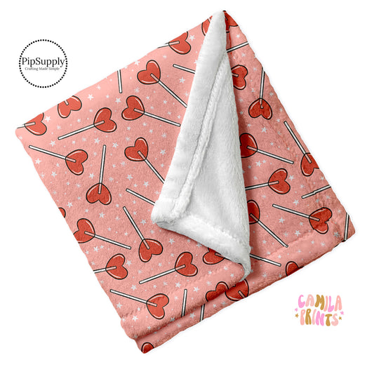 Peachy Pink Custom Printed Minky Blanket with Red Cherry Lollipops and Tiny White Hearts Throughout 