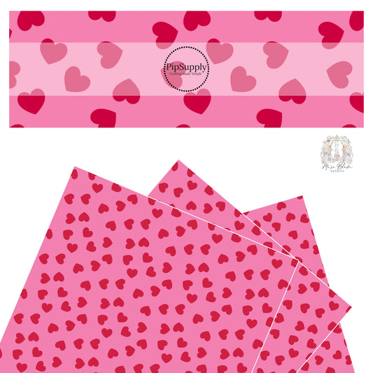 Bright red hearts scattered on a hot pink faux leather sheet