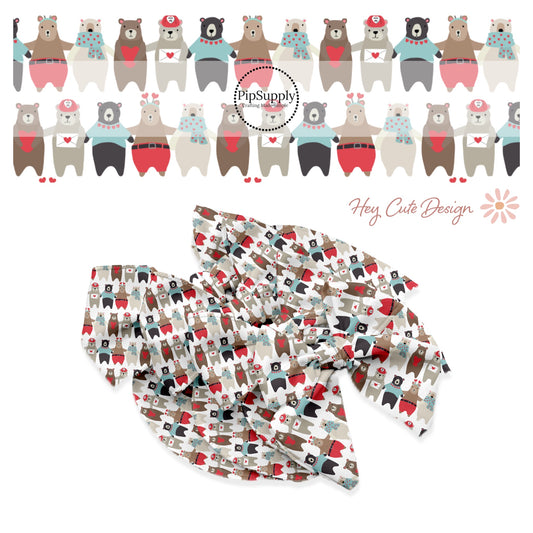 Black, white, brown, and gray bears with red heart accents on white bow strips