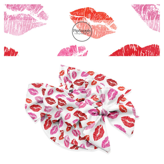 Red and hot pink scattered kisses on white bow strips