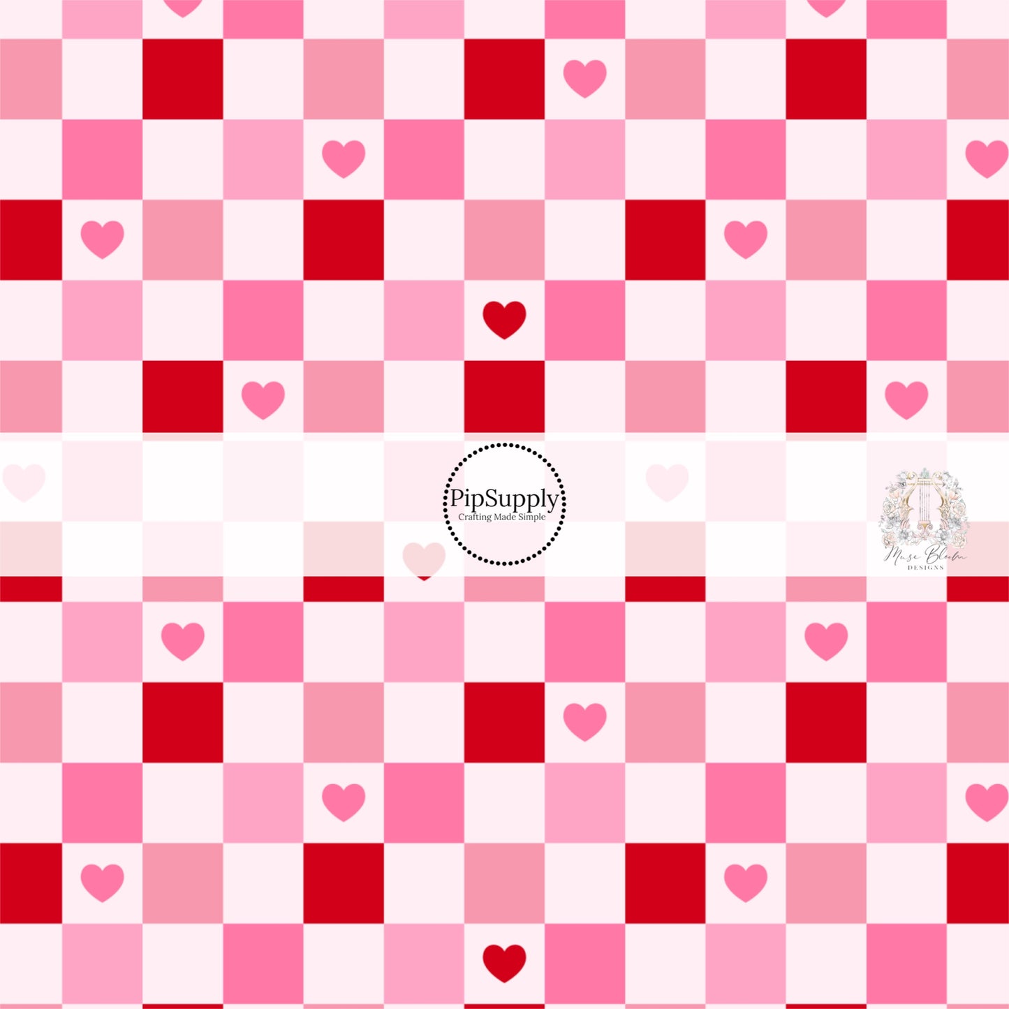 Pink and red hearts on pale pink checker with pink and red tile bow strip