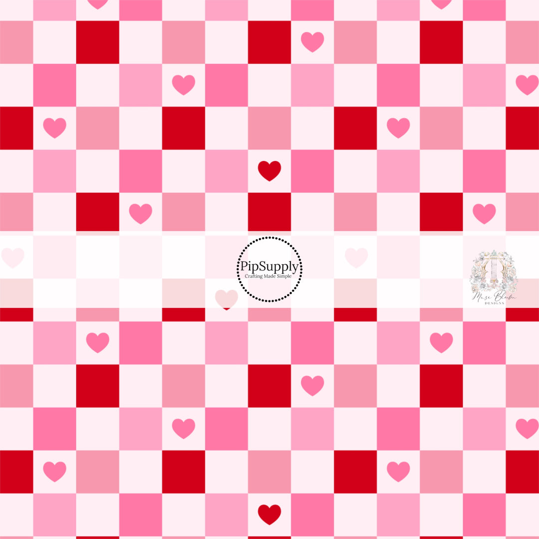 Pink and red hearts on pale pink checker with pink and red tile bow strip