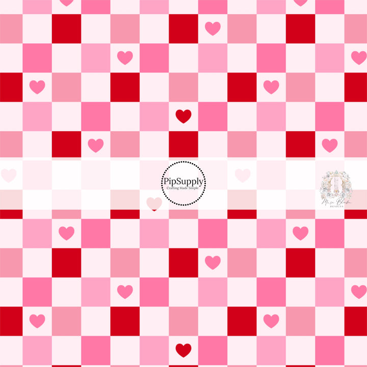 Pink and red hearts on pale pink checker with pink and red tile bow strip