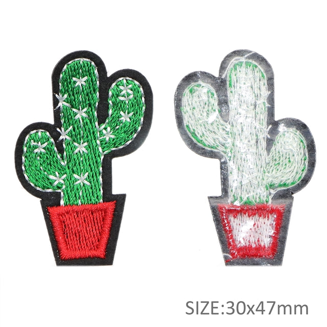 Emerald green cactus with white detailing in a red planter pot iron on patch.