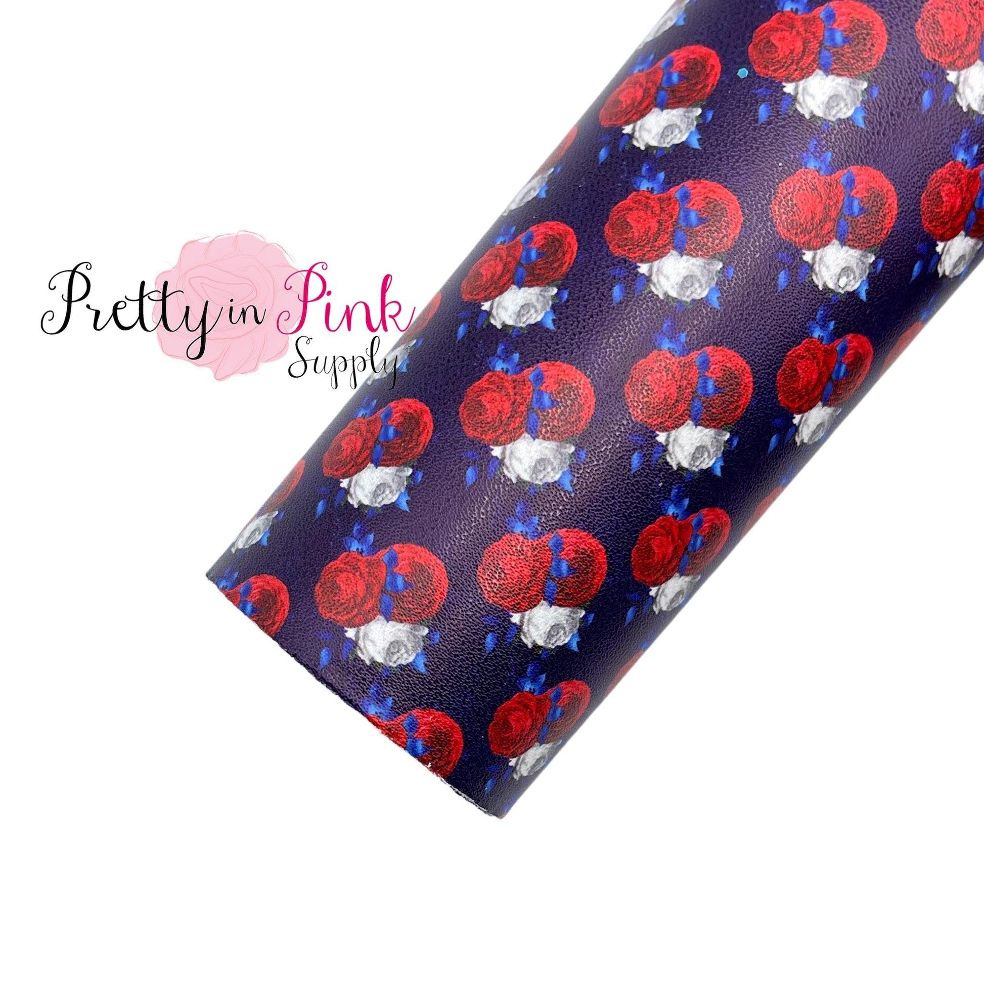 Red White Blue Floral | Faux Leather Fabric Sheet - Pretty in Pink Supply