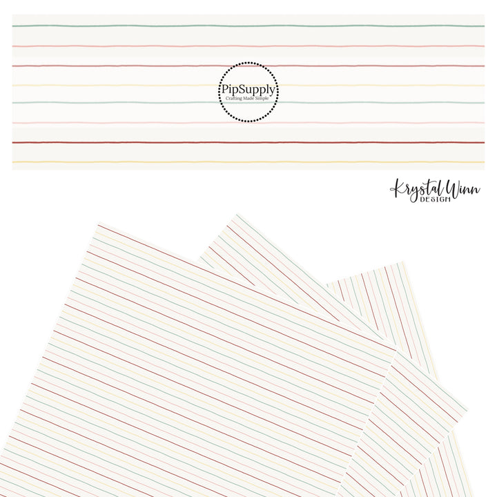 Rugged red, pink, blue, and yellow repeating stripes on a cream faux leather sheet