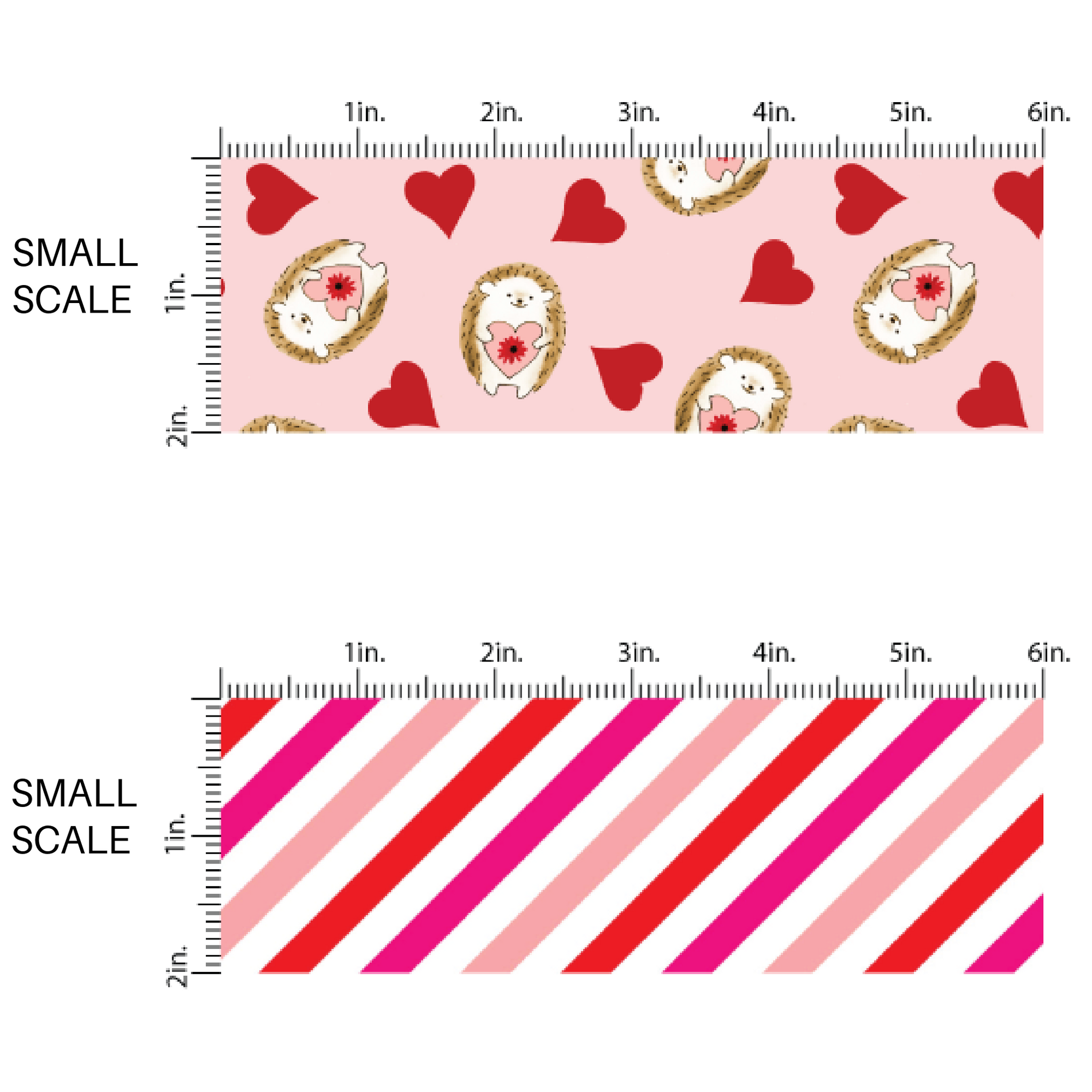 Small Scale Valentines Day Fabric by the Yard - Hedgehogs on a Pink Fabric with Red Hearts - Pink and Red Striped Fabrics