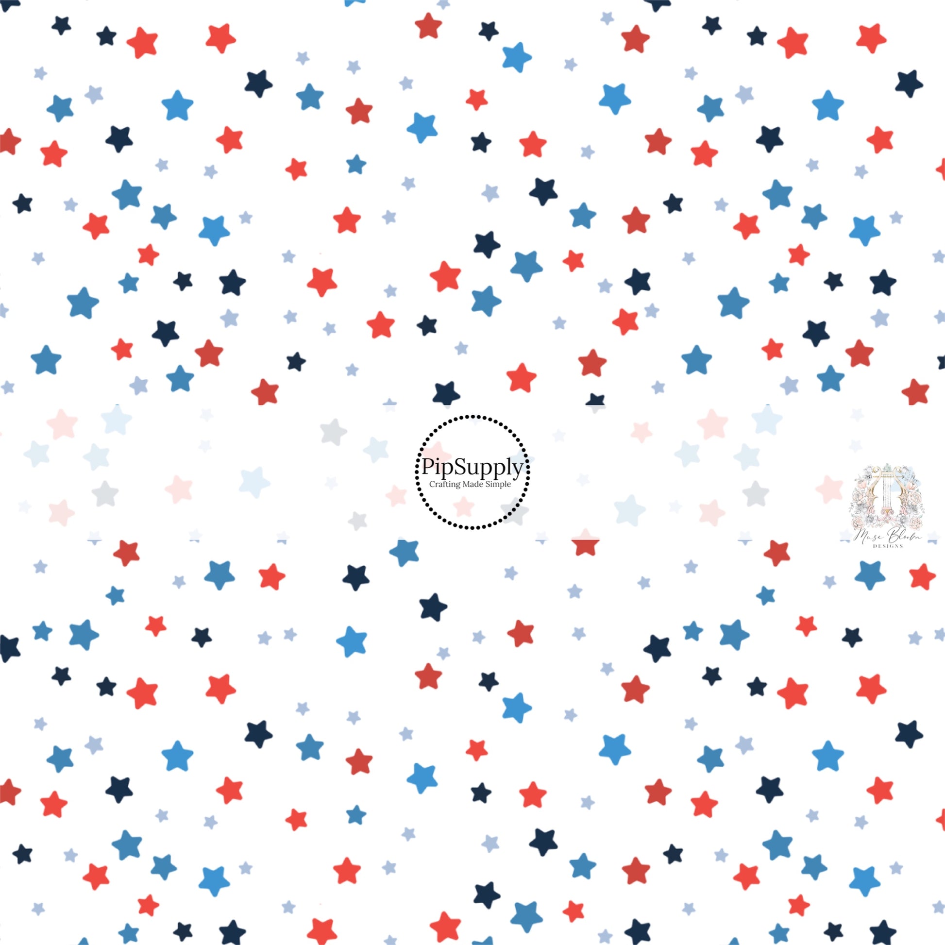 White fabric by the yard with red and blue stars.