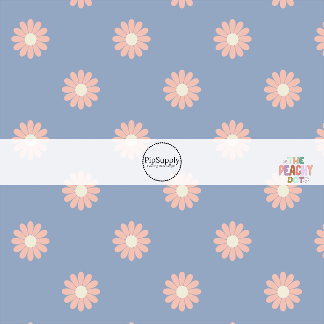 Powder blue fabric by the yard with light pink daisies