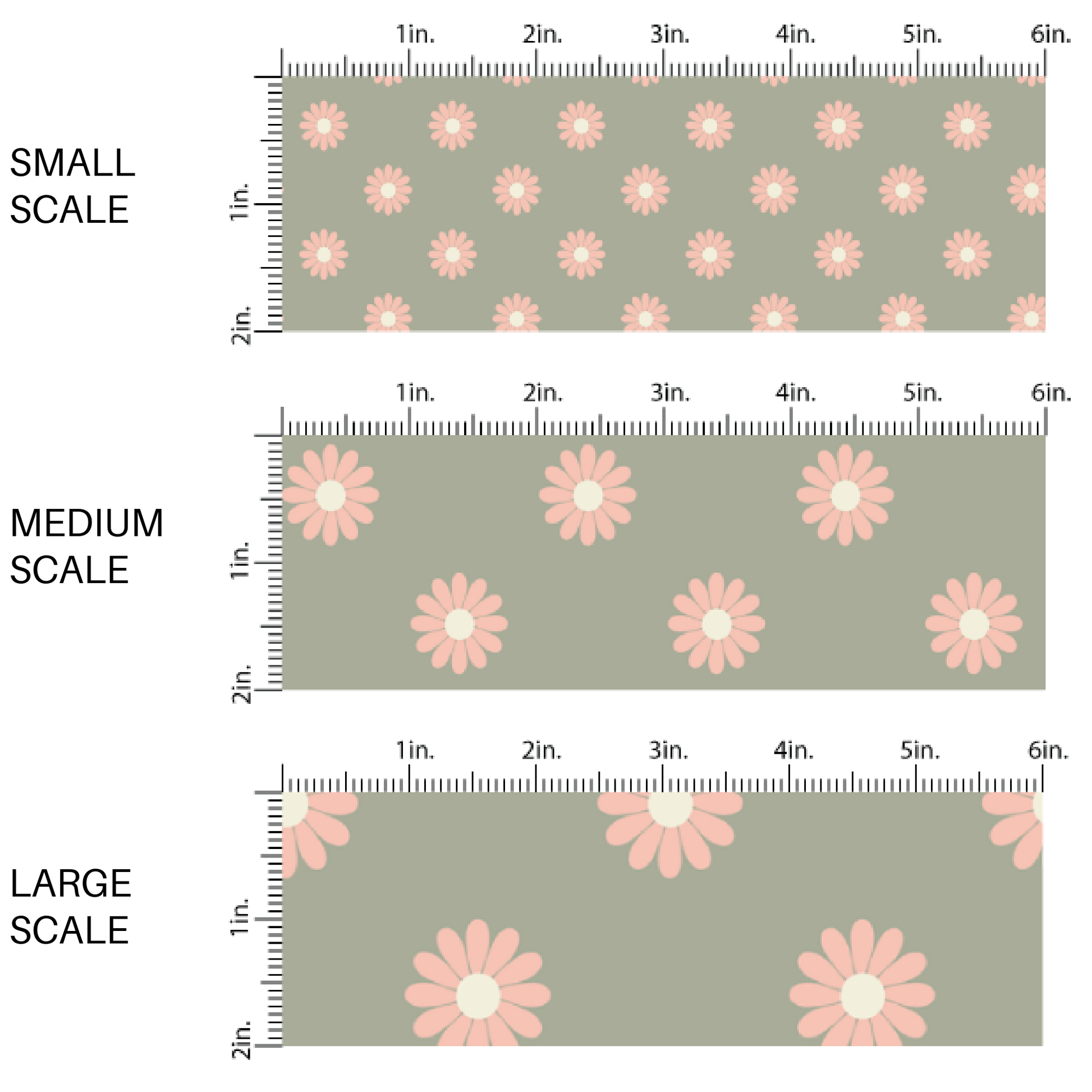Sage green fabric by the yard scaled image guide with peach colored daisies