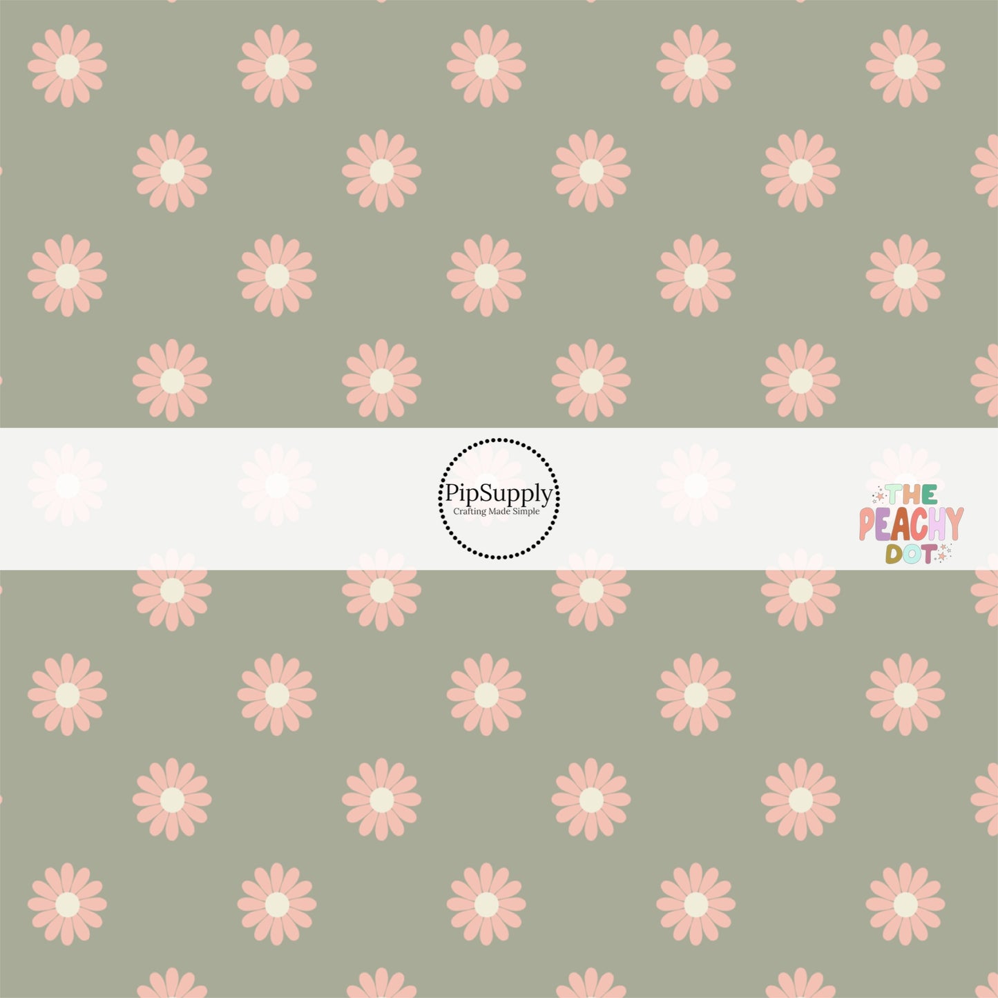 Sage green fabric by the yard with peach-colored daisies