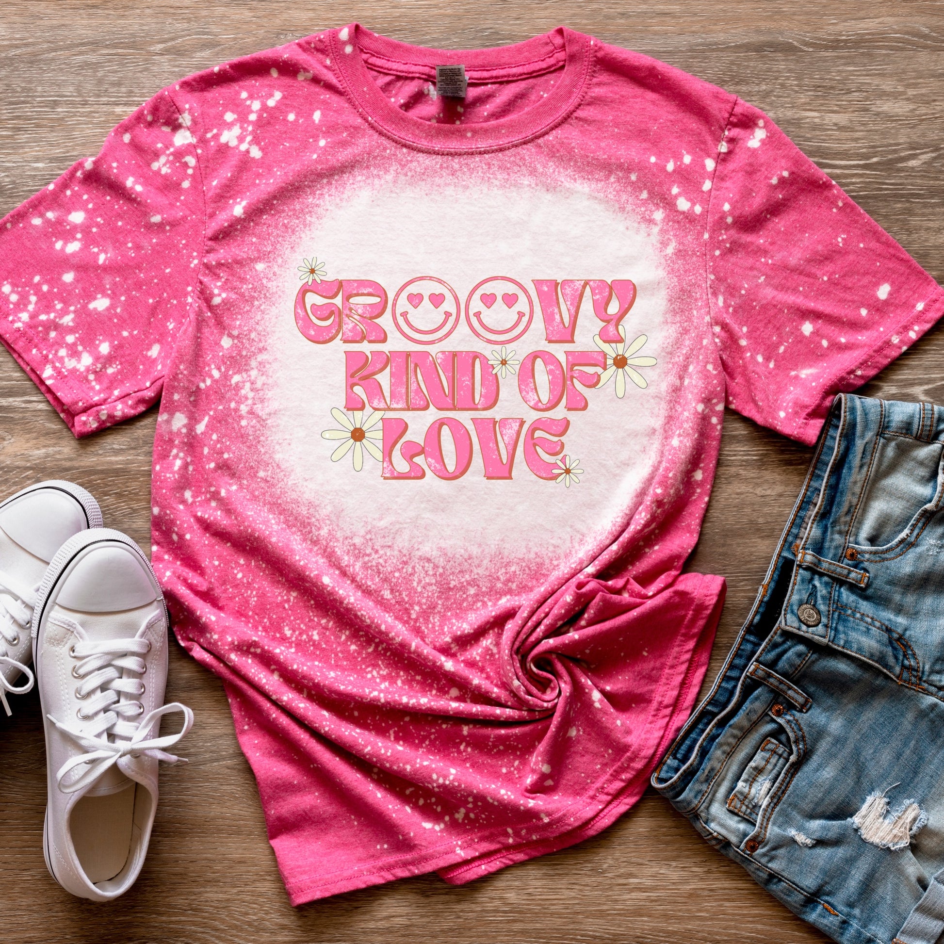 Pink shirt with flowers that says groovy kind of love - iron on transfer