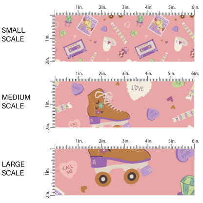 Pink fabric scaling guide swatch with roller-skates and cassette tapes