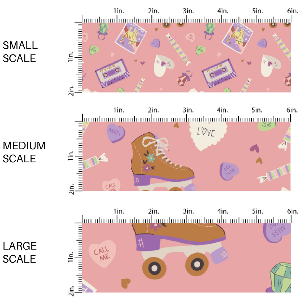 Pink fabric scaling guide swatch with roller-skates and cassette tapes