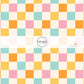 Cream fabric by the yard with warm toned checker print pattern - Pink, aqua, yellow, orange and cream