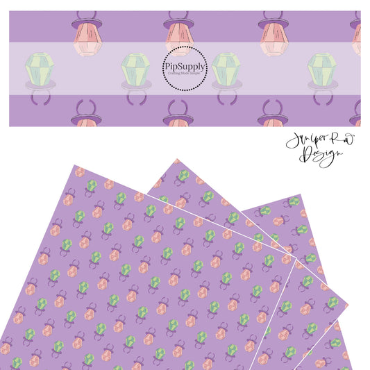 Pink and green candy on purple faux leather sheet