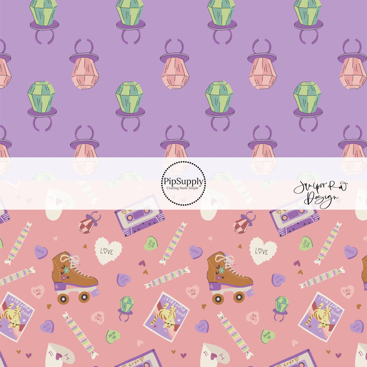 Purple Fabric by the Yard with Pink and Green Ring Pop Candies - Retro Roller-skates on a Pink Fabric by the Yard