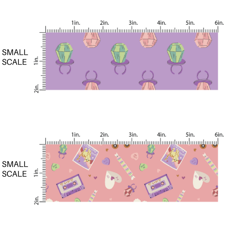 Small Scaled Valentine's Day Fabric by the Yard - Ring Pops on Purple Fabric - Casset Tapes on Pink Fabric 