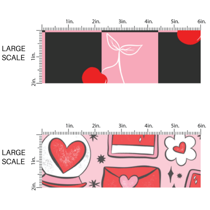 Large Scaled Valentine Fabric by the Yard - Cherry Fabric on a Pink and Black Checkered Base - Love Potion Designs on a Pink Fabric  