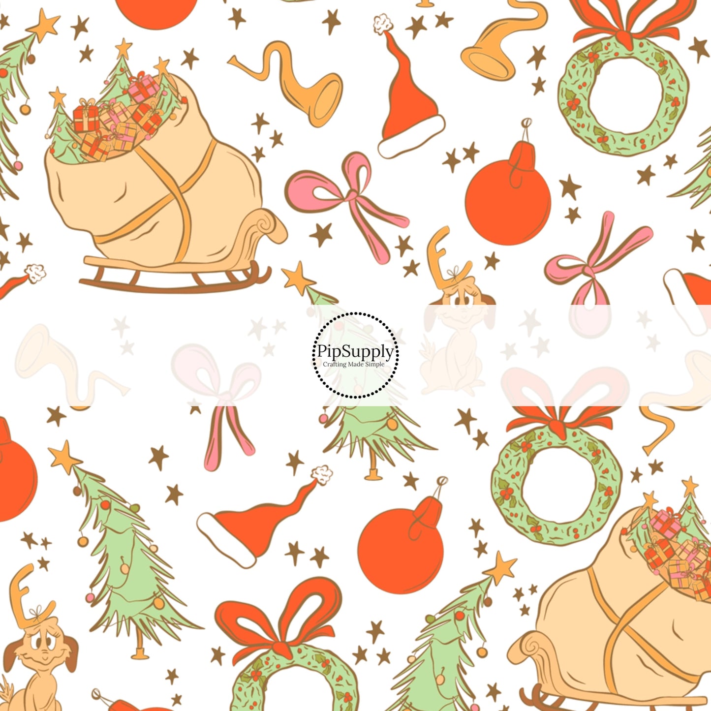 fabric with Santa Sleigh Ornaments and Christmas hats