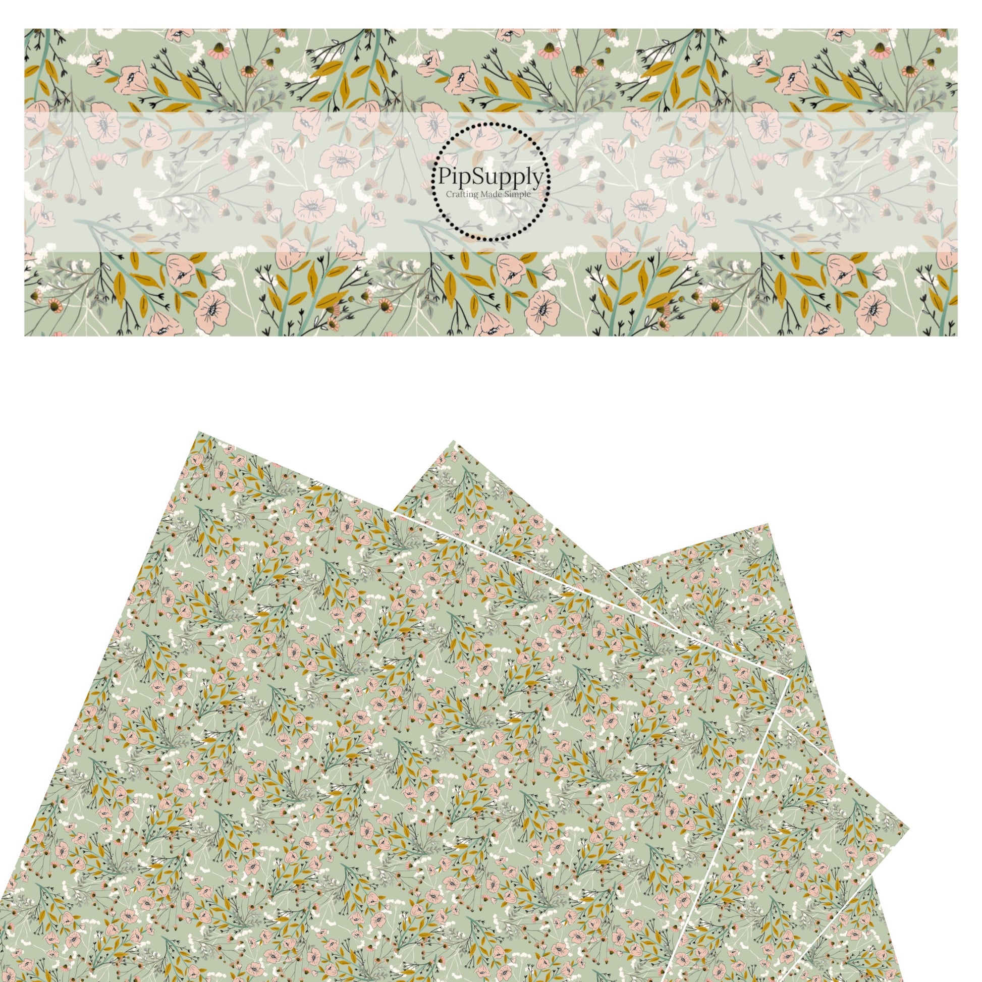 Light pink wildflower clusters on sage green faux leather sheet.