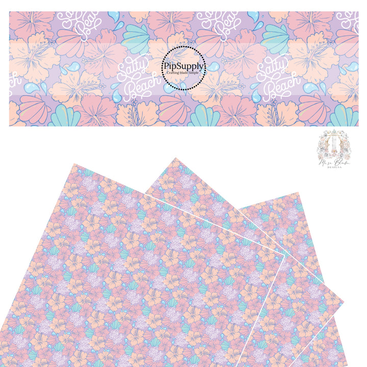 Beach inspired pastel floral and shells faux leather sheet.