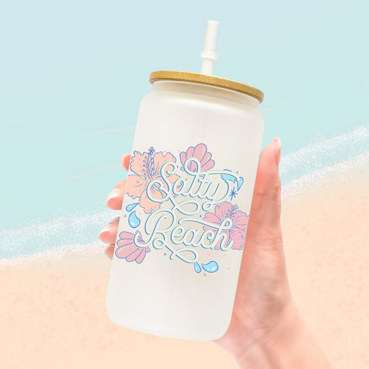 Hibiscus flowers, water droplets, and the phrase "Salty Beach" permanent adhesive decal sticker